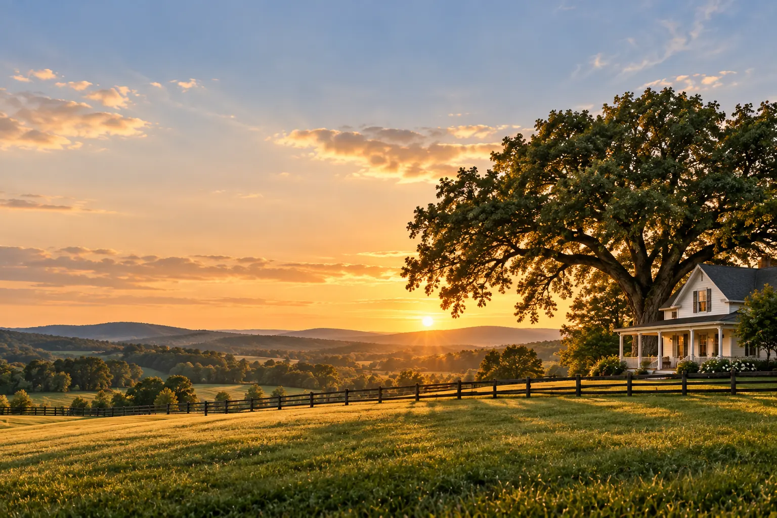A white farmhouse under an old oak tree at sunset, overlooking Middle Tennessee hills